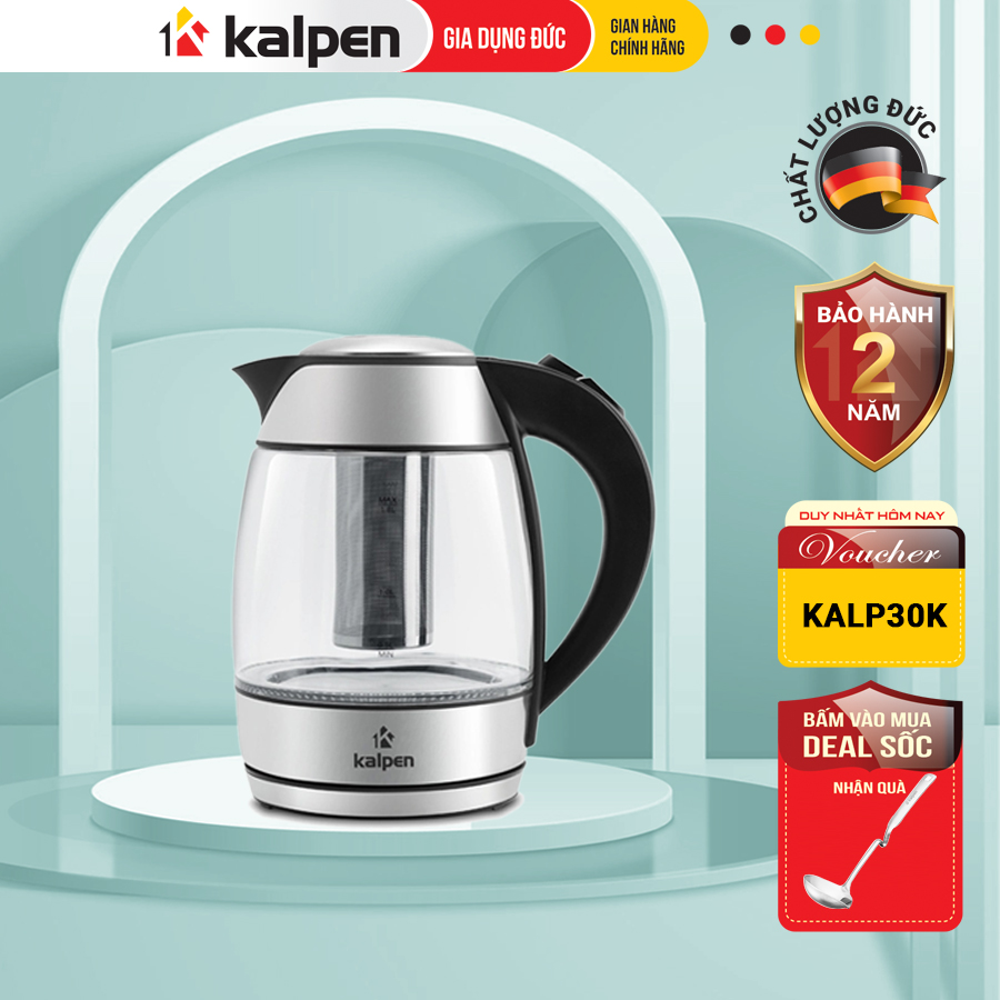 Ấm đun nước siêu tốc cao cấp lòng thủy tinh kk66 1.8l-2200w hàng chính hãng kalpen-gia dụng đức bảo hành 2 năm