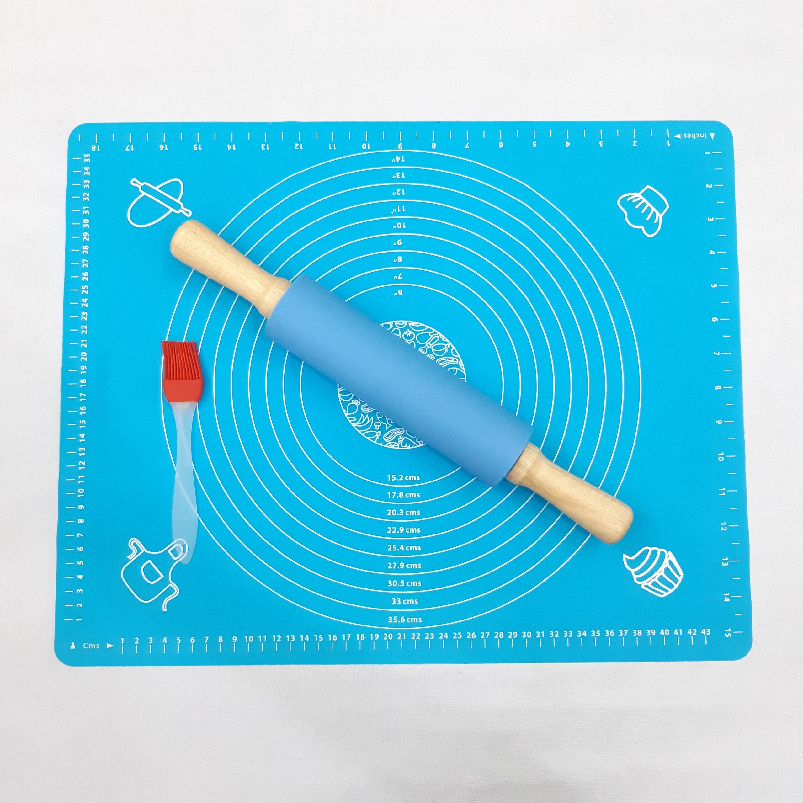 Combo thảm cán bột silicon 40x50cm + chày cán bột silicon cán gỗ dài 38cm + chổi phết dầu