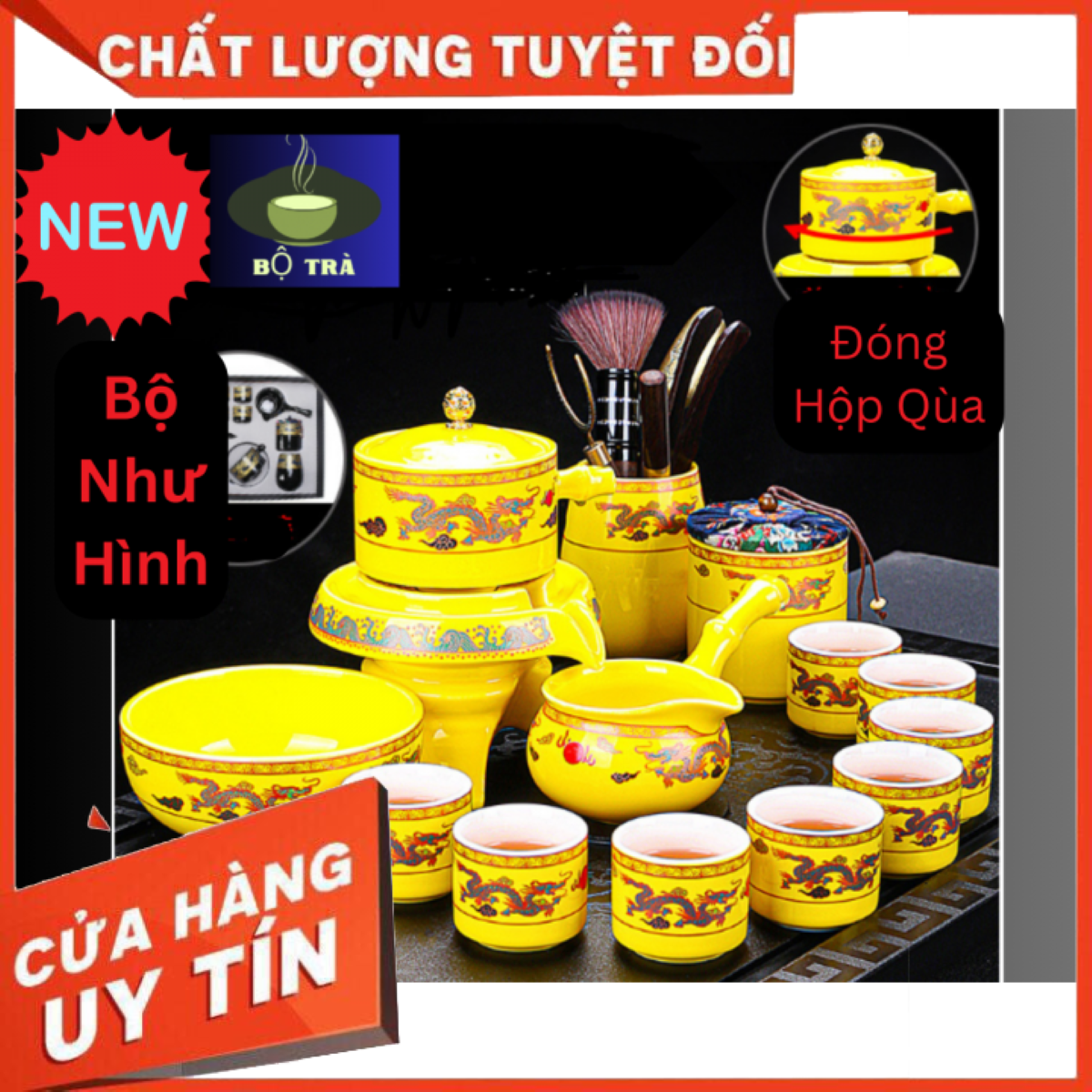 Bộ ấm pha trà cối xay chất liệu gốm sứ lòng chén trắng mẫu mới đủ màu đóng hộp qùa tặng