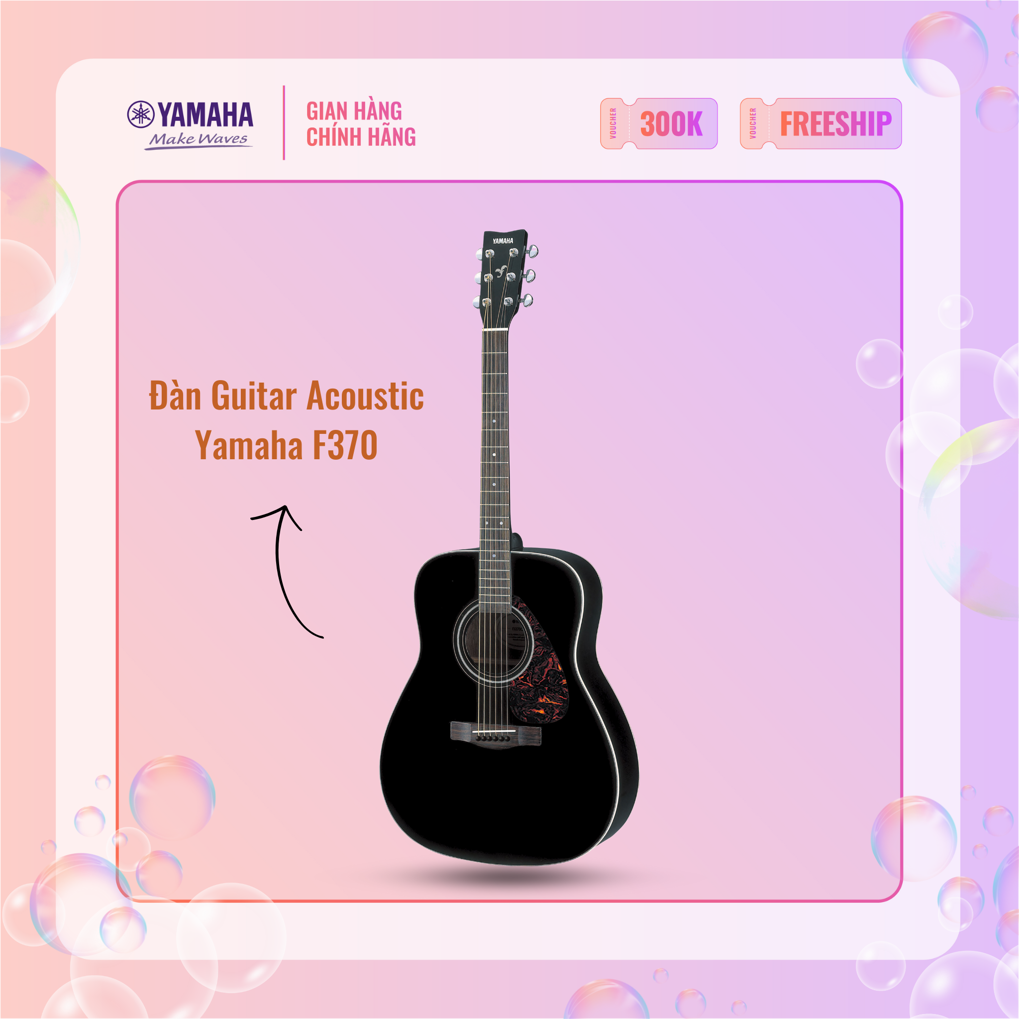 Đàn Guitar Acoustic YAMAHA F370 màu đen - Mặt đàn gỗ vân sam, bảo hành chính hãng 12 tháng