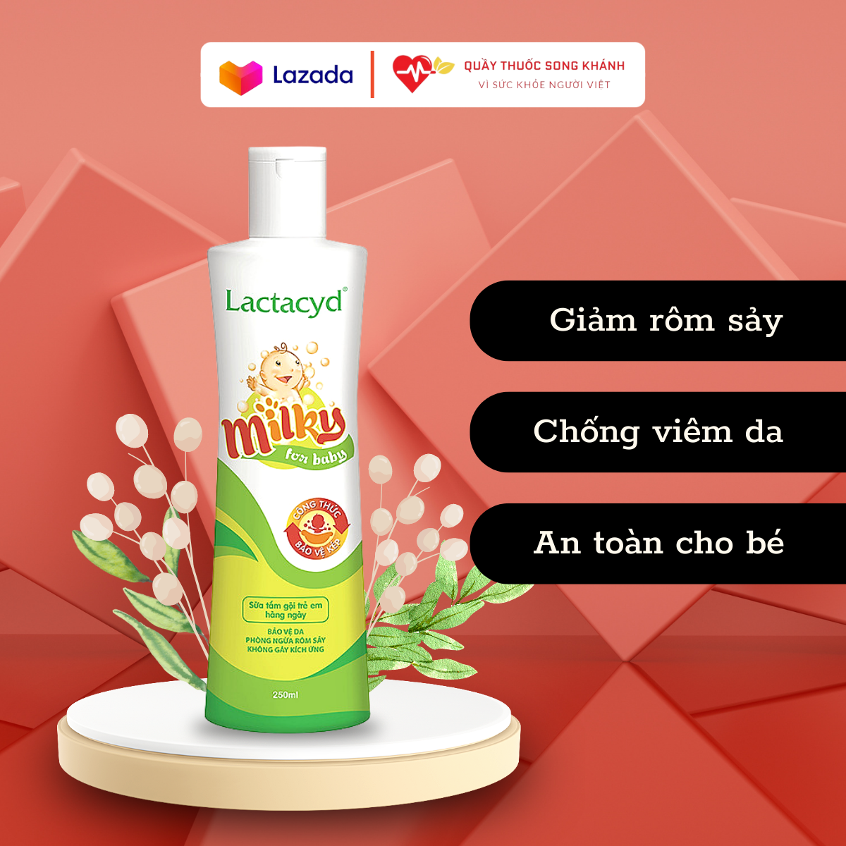 Sữa tắm gội cho bé Lactacyd Milky dùng được cho cả da nhạy cảm, giúp cho da của bé luôn mạnh khỏe và mềm mịn, giúp chống lại các bệnh về da như viêm da, giảm rôm sảy không bị khô da - Song Khánh Pharmacy - 250ml và 500ml