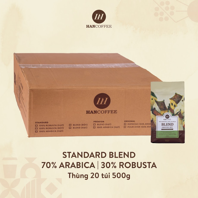 Cà phê hancoffee 70 robusta & 30 arabica rang mộc, rang xay nguyên chất thùng 20 gói 500g