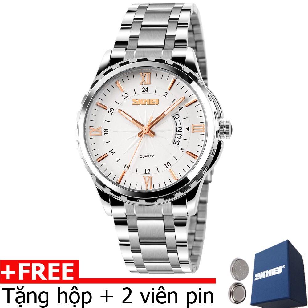 đồng hồ nam skmei dây bạc mặt trắng kim màu ,chống nước,chống xước tốt