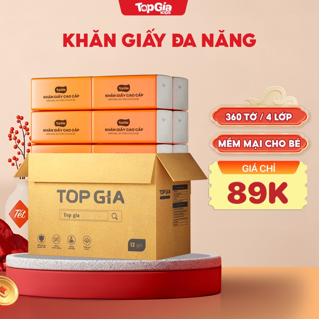 Khăn giấy vệ sinh cao cấp TopGiaKids, dập vân 4D an toàn cho da em bé, dai mịn dùng được khô và ướt