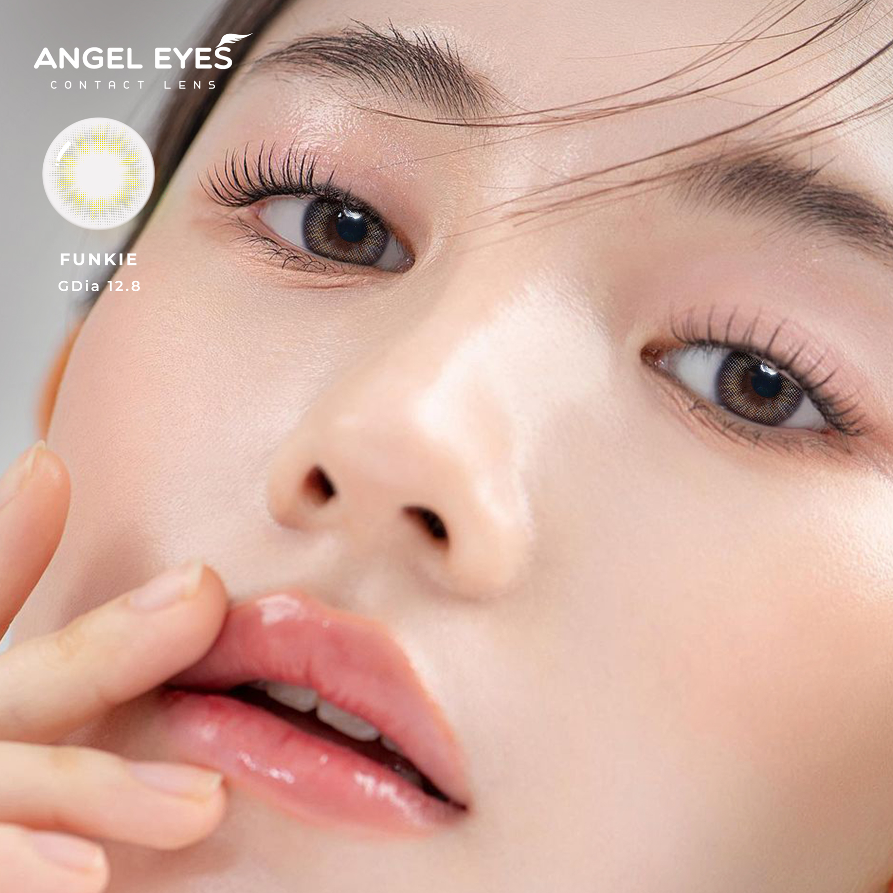  Kính áp tròng xám tây tự nhiên Funkie thương hiệu Angel Eyes | Lens cận màu xám đường kính nhỏ GDia 12.8mm có độ cận 0-8  Có độ cận lệch  