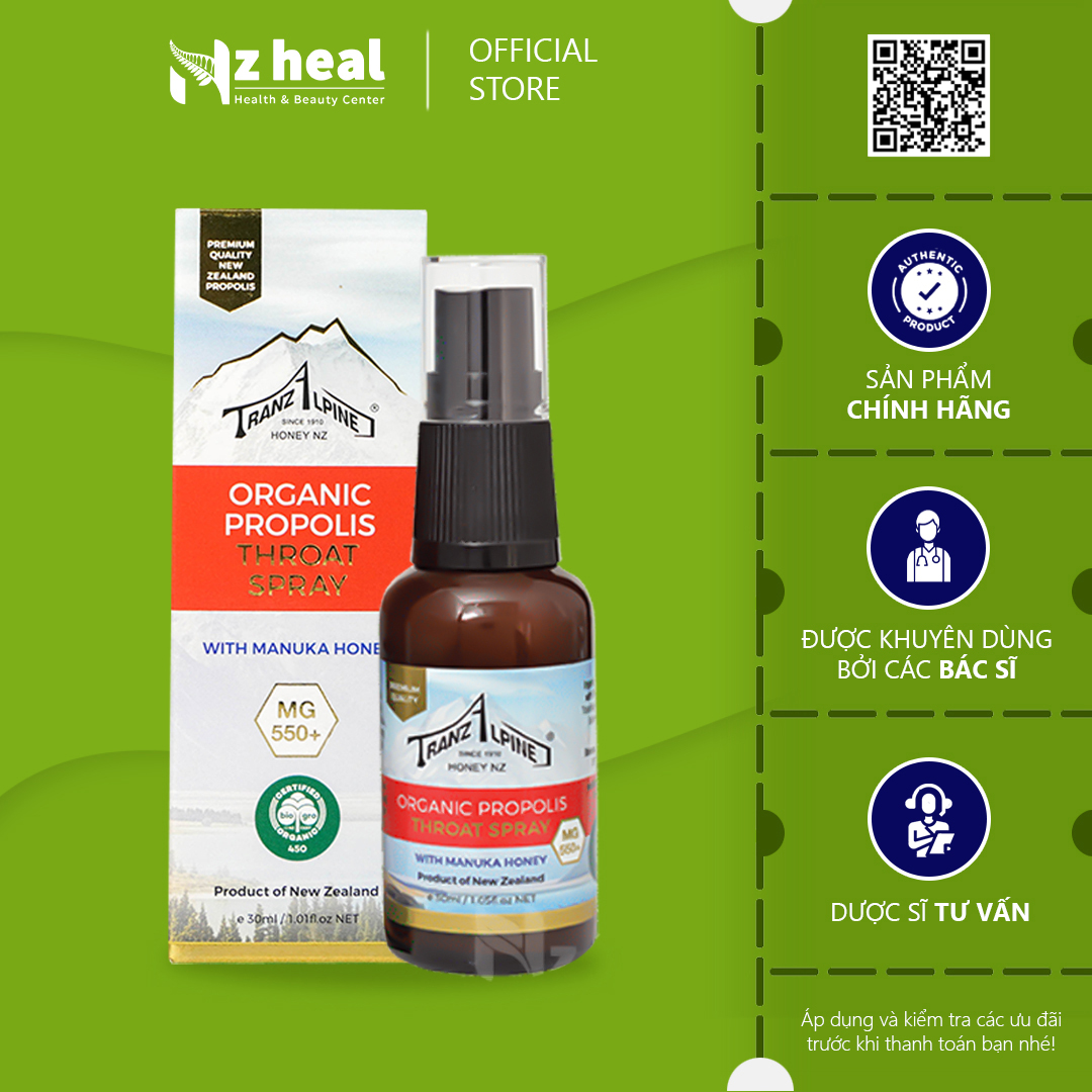 Xịt họng keo ong Organic Propolis with Manuka Honey MG550+ kháng khuẩn giảm ho đau họng