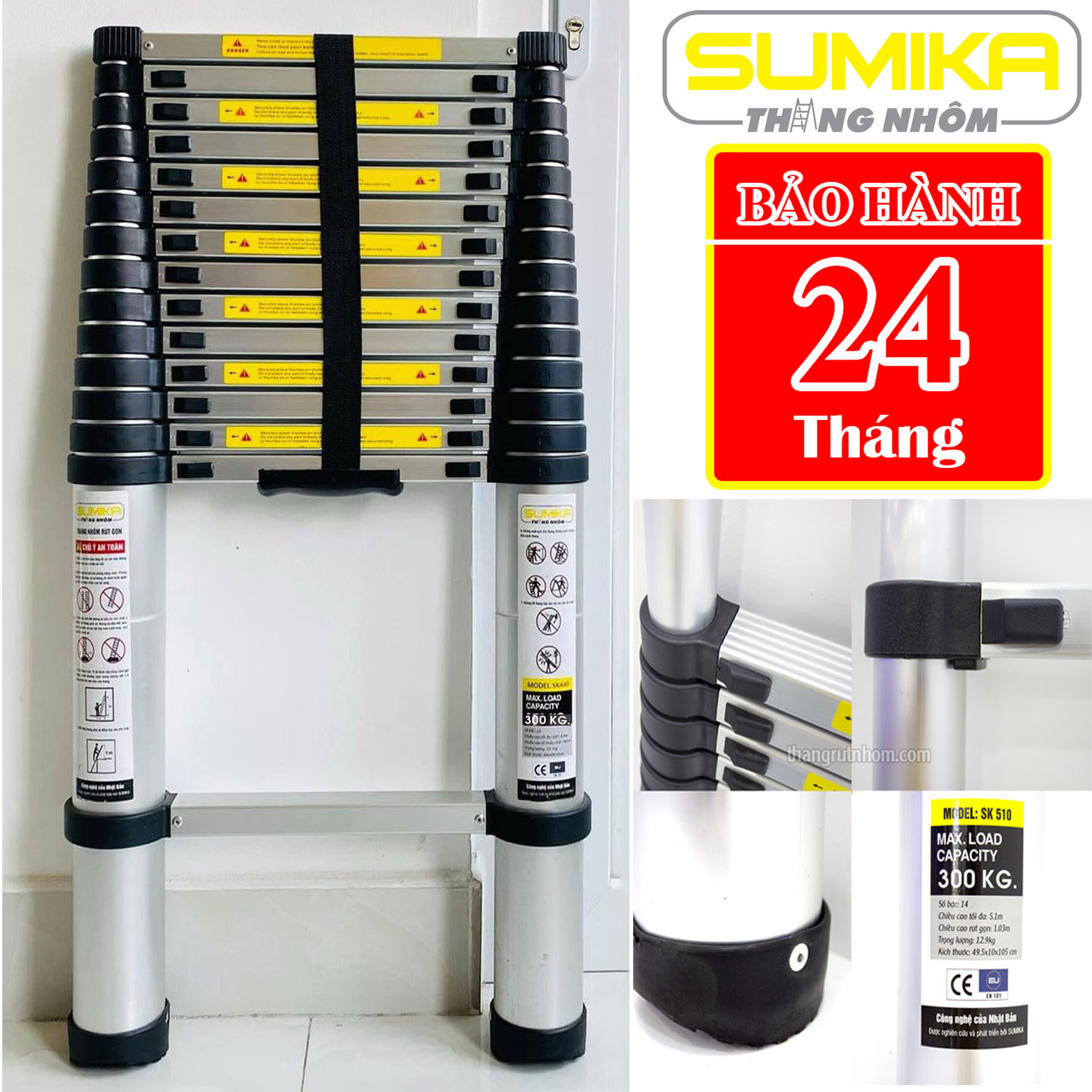Thang nhôm rút đơn Sumika - Chiều cao tối đa 7,0m, tải trọng 300kg, Bảo hành 2 năm - SK320, SK380, SK440, SK480, SK510, SK600, SK700
