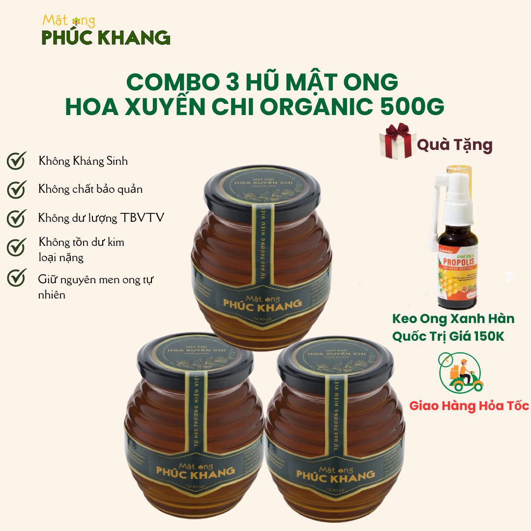 *Mật ong Phúc Khang* Combo 3 Hũ Mật ong hoa xuyến chi cao cấp ( Mỗi hũ 500g ) - Mật ong nguyên chất  -  mật ong thiên nhiên -Giảm ho , viêm họng , tăng sức đề kháng , bồi bổ cơ thể