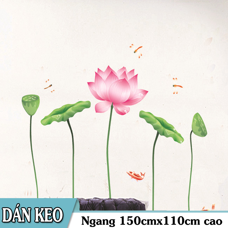 Decal trang trí tường - Sen Hồng mỏng và đán cá KOI nhỏ