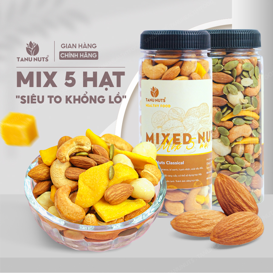 Hạt dinh dưỡng mix 5 TANU NUTS hũ 350g ngũ cốc granola mix hạt hạnh nhân, điều, bí xanh, macca, xoài sấy tốt cho bà bầu, bé.