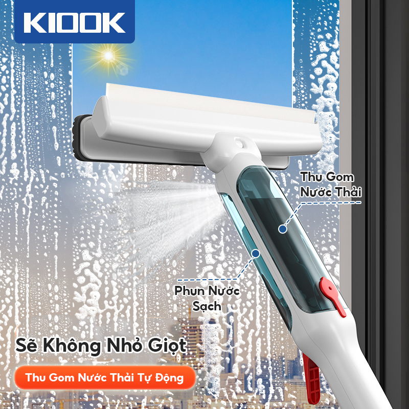 Kiook công cụ làm sạch cửa sổ hai mặt, cây lau kính tự vắt, cây lau kính thông minh cán đài, cây lau kính có bình xịt, chiều đài điều chỉnh 150cm
