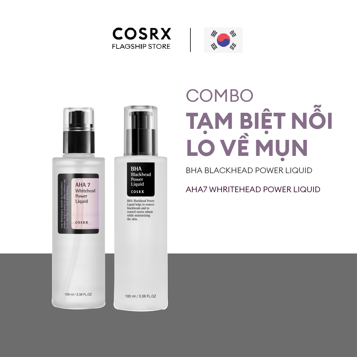 Combo dung dịch tẩy tế bào chết hoá học 4% bha cosrx blackhead power liquid exfoliator 100ml + dung dịch tẩy tế bào chết hoá học 7% aha cosrx whitehead power liquid exfoliator 100ml