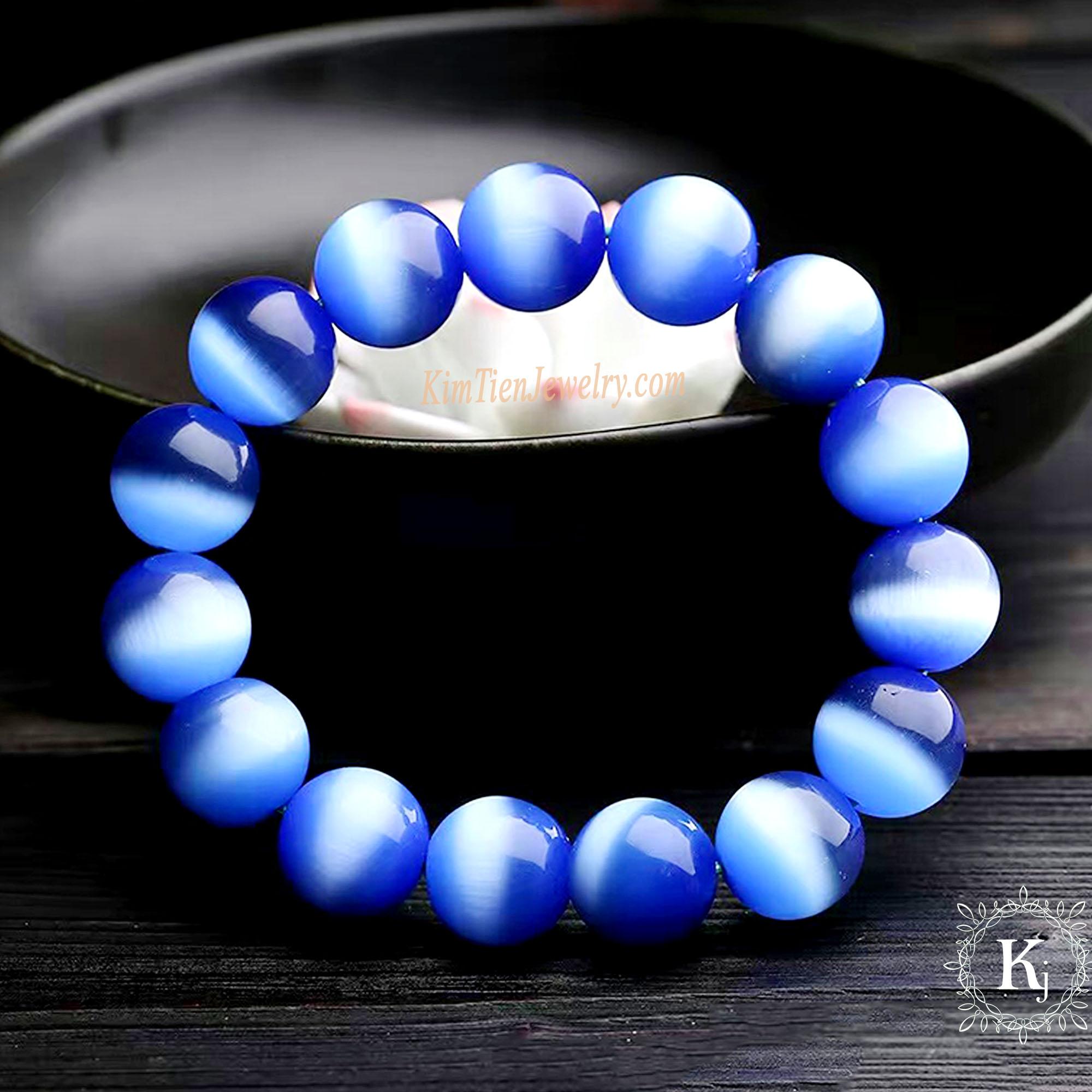 Vòng Tay Phong Thủy Đá Mắt Mèo Xanh Dương ( Có size 08 ly, 10 ly, 12 ly ) Kim Tiền Jewelry - Hợp Mệnh Thủy , Mộc - Tặng Kèm Dây, 01 Đá Dự Phòng -  Tặng Hộp Nhung Đỏ