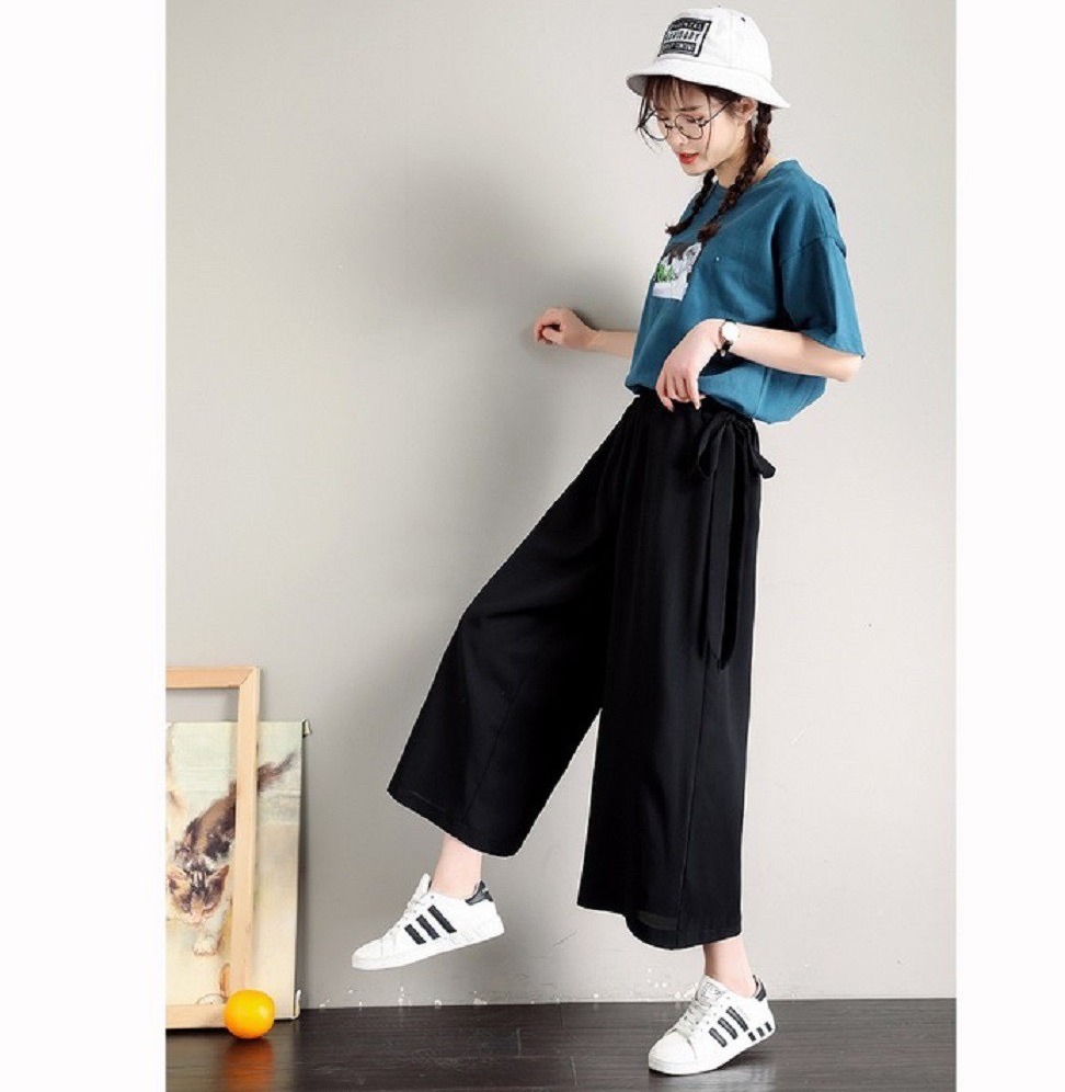 💝siêu phẩm giá sale 💝 quần ống rộng culottes cạp cao eo thắt dây form rộng dáng lửng
