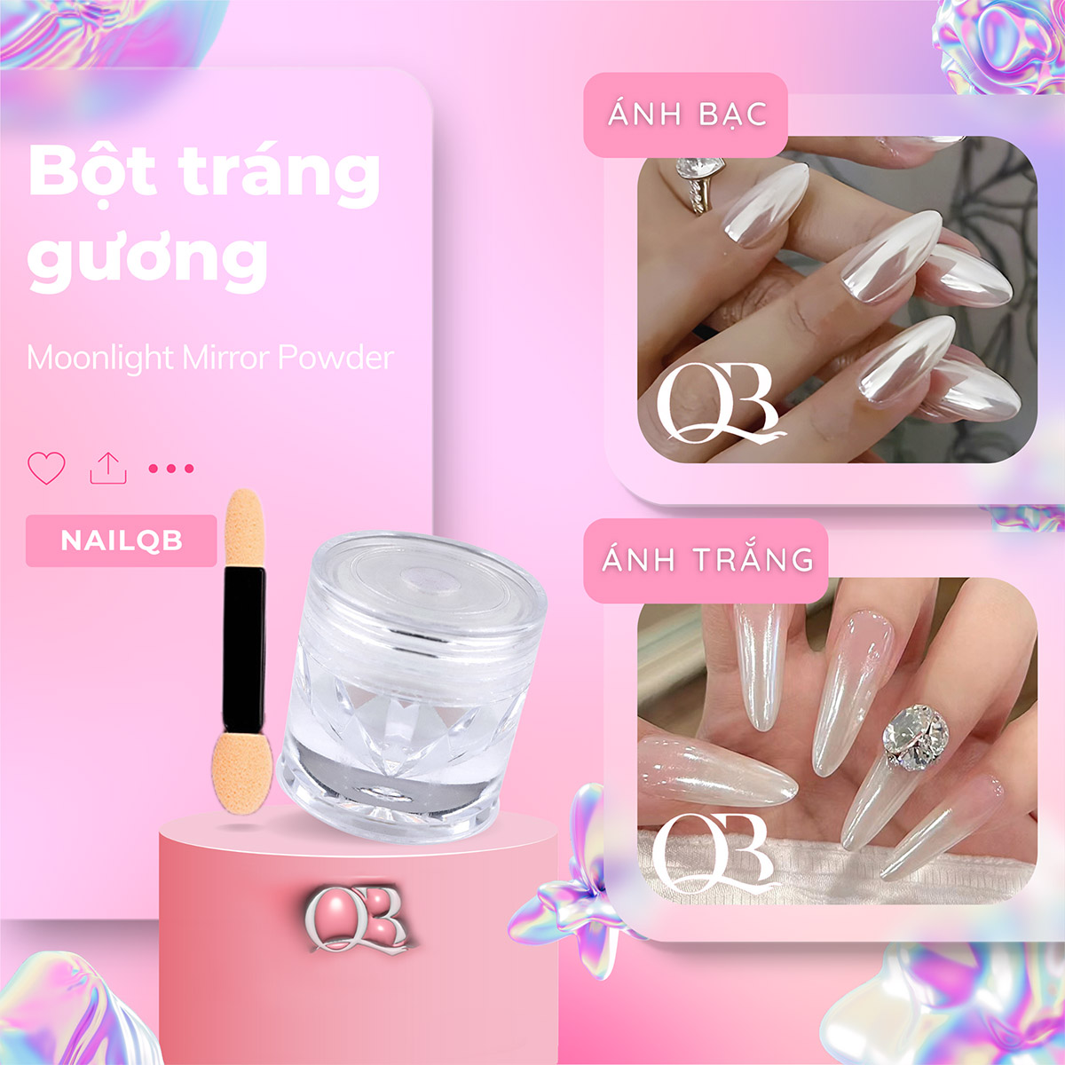 Bột tráng gương ánh trai trắng, bạc, cực quang Hailey Bieber Nail Moonlight hủ kim cương chống đổ 0.3g-0.8g