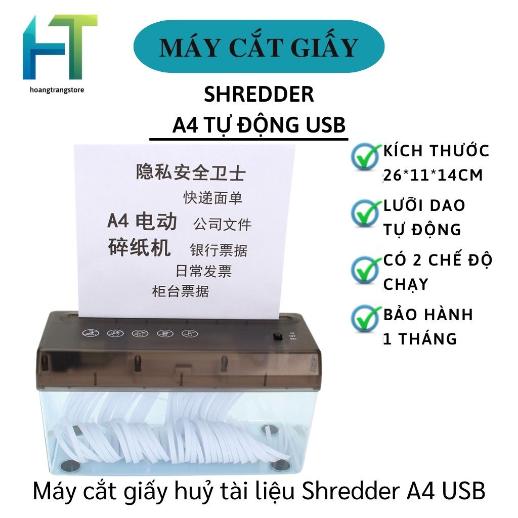 Máy cắt giấy - Máy huỷ tài liệu Shredder khổ A4 cắm điện USB hoặc dùng pin màu đen hàng cao cấp fullbox