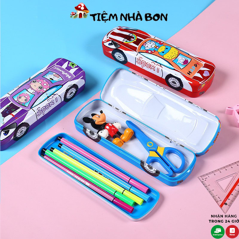 Hộp đựng bút hình ô tô 2 ngăn bằng kim loại cho bé đựng đồ dùng học tập