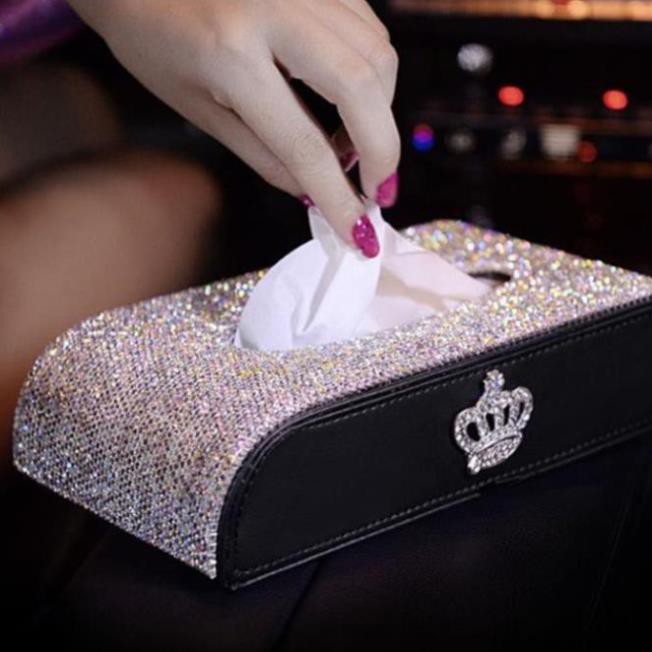 Hộp đựng khăn giấy da đính đá vương miện cao cấp