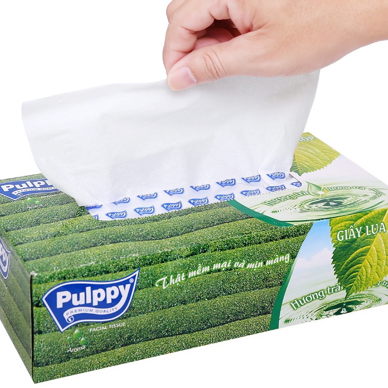 Khăn giấy lụa Pulppy hương trà xanh 2 lớp hộp 100 tờ