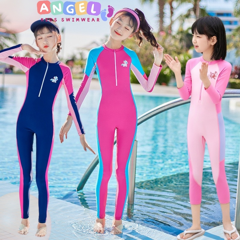 Đồ bơi bé gái tay dài quần dài kín đáo chống nắng liền thân phù hợp đi học đi bơi chính hãng cao cấp