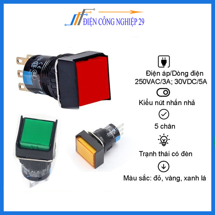 Nút nhấn đề vuông 24vdc al6- m nhấn nhả có đèn nhiều màu