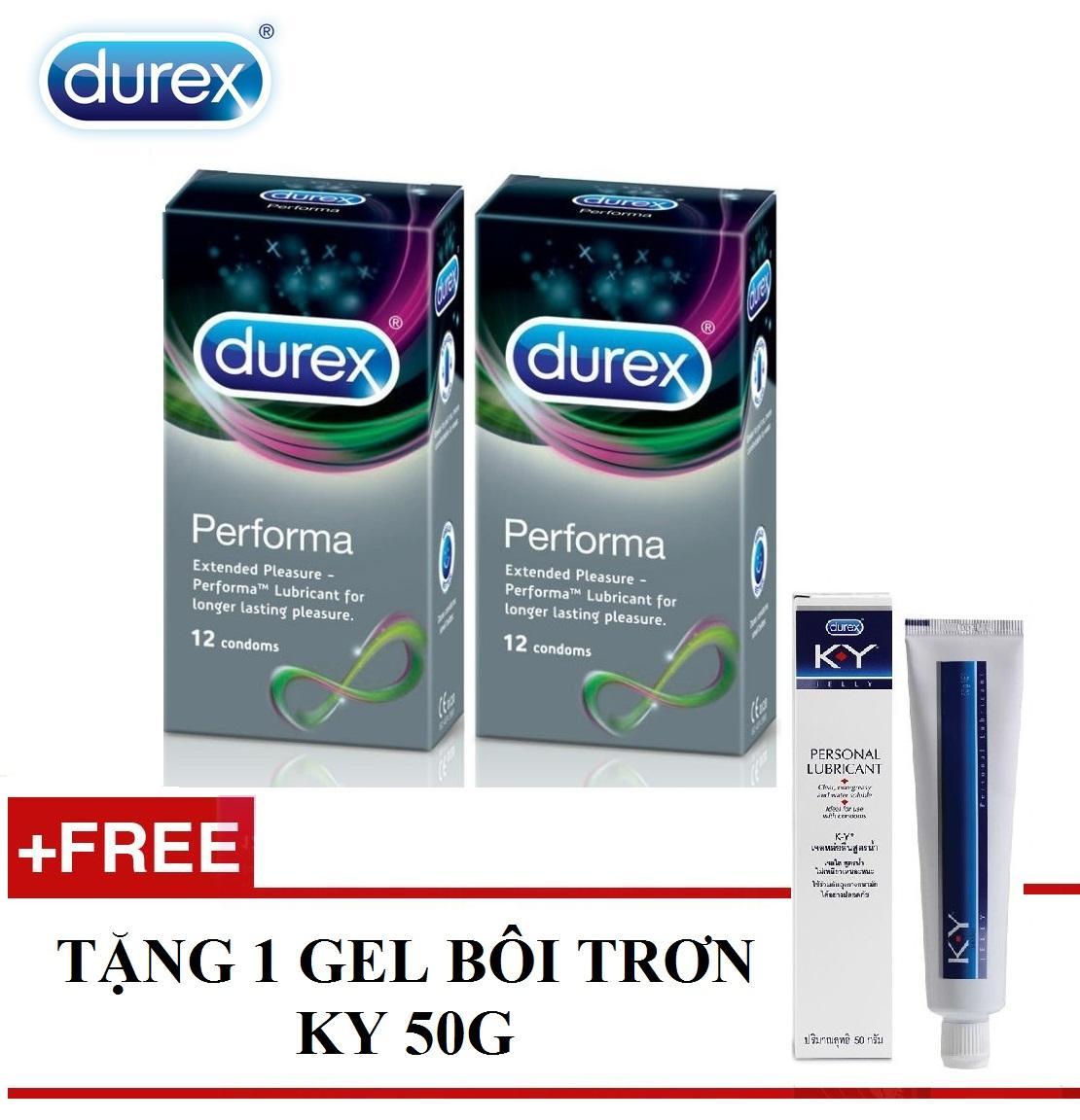  Combo 2 hộp bao cao su Durex PERFORMA kéo dài thời gian tặng 1 gel bôi trơn KY 50ml 