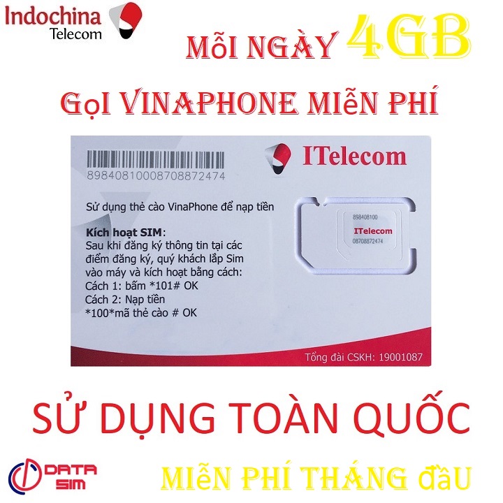 Freeship - chưa kích hoạt sim 4g itel mỗi ngày 4gb gọi vinaphone miễn phí tặng tháng đầu