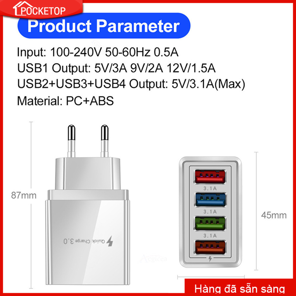 Đầu sạc pocketop 4 cổng usb 3a sạc nhanh di động