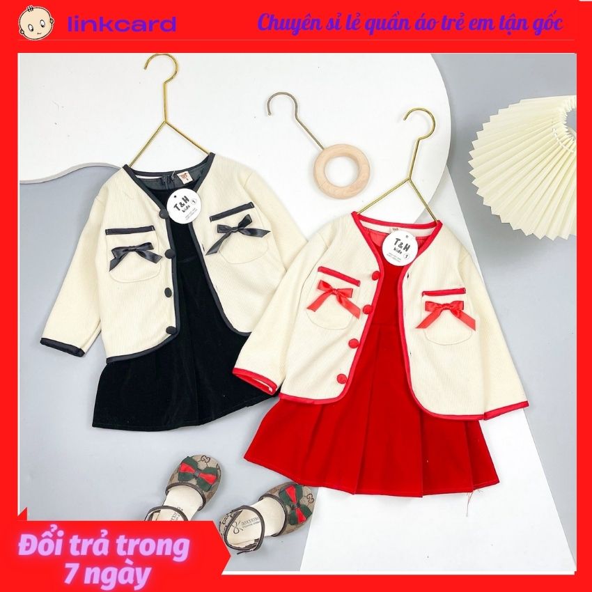 Đầm bé gái mặc tết cực đẹp kèm áo khoác dạ siêu sang chảnh - đầm cho bé gái thu đông cho bé từ 10 đến 22kg chất dạ mềm mịn, áo khoác đính nơ phong cách hàn quốc siêu dễ thương hottrend 2022