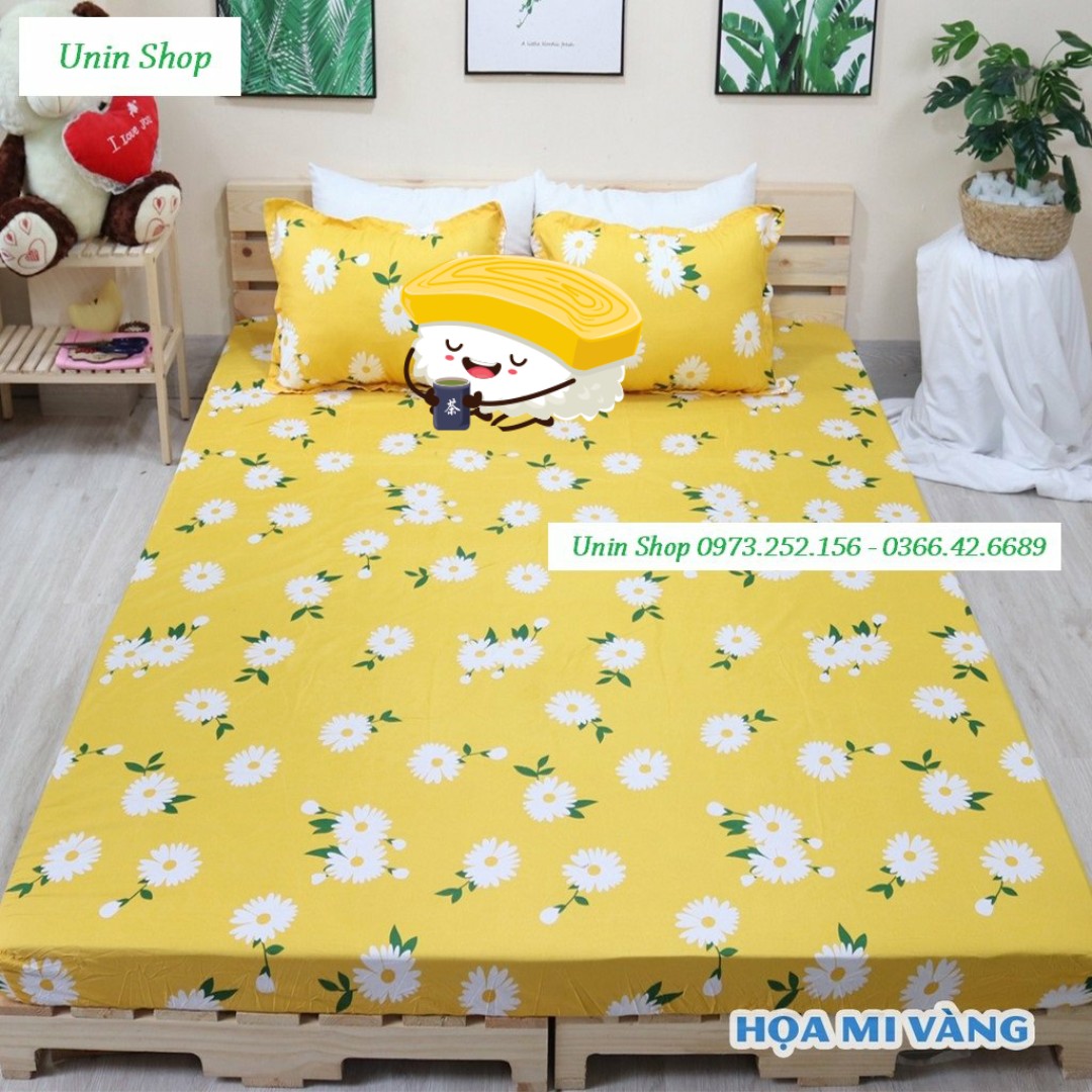 Bộ ga bọc đệm kèm vỏ gối mẫu họa mi vàng mới nhất - ga giường 3 món kiểu hàn quốc poly cotton cao cấp