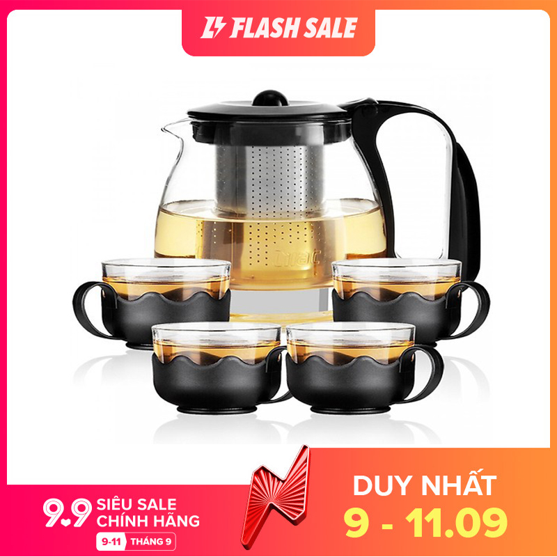 Bộ ấm pha trà thủy tinh, lưới lọc inox- Tặng kèm 4 cốc thủy tinh bọc chống nóng