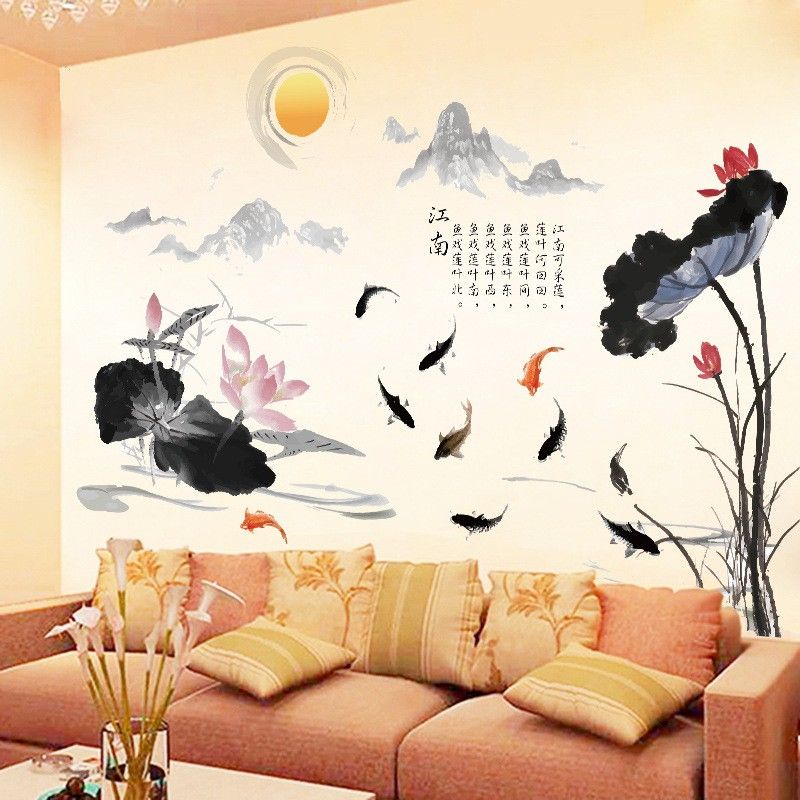 Decal dán tường sen cá chép nghệ thuật, trang trí phòng khách