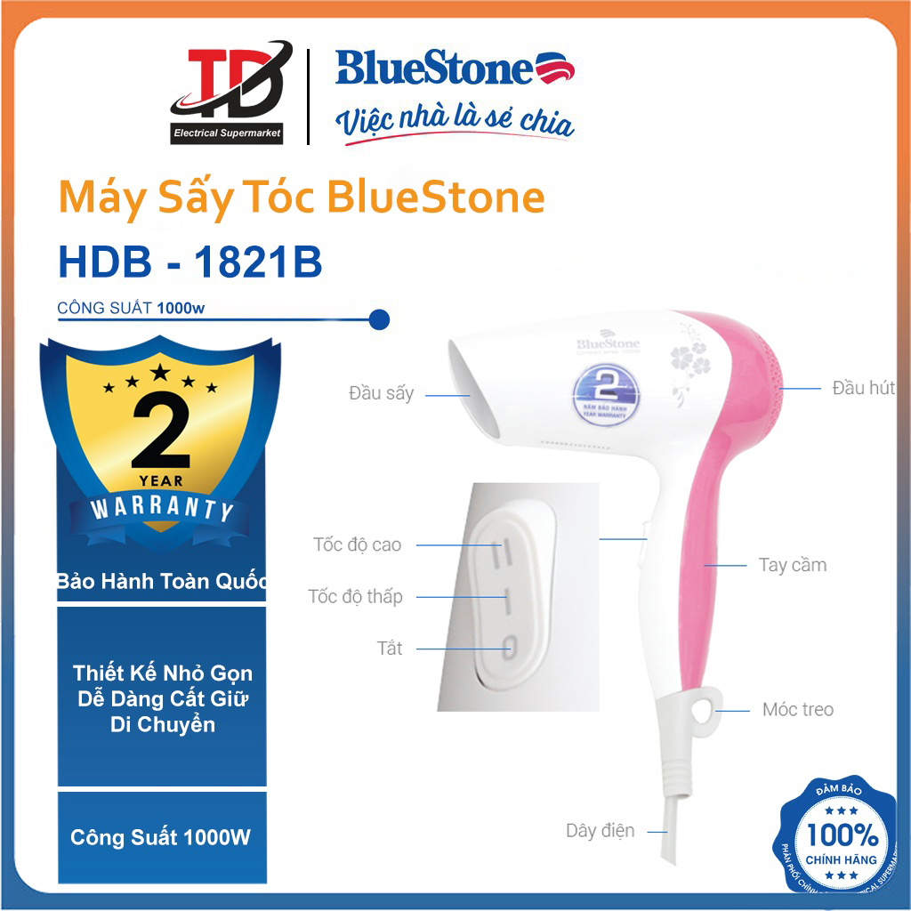 Máy sấy tóc bluestone hdb-1821b, công suất 1000w , bảo hành chính hãng 2 năm