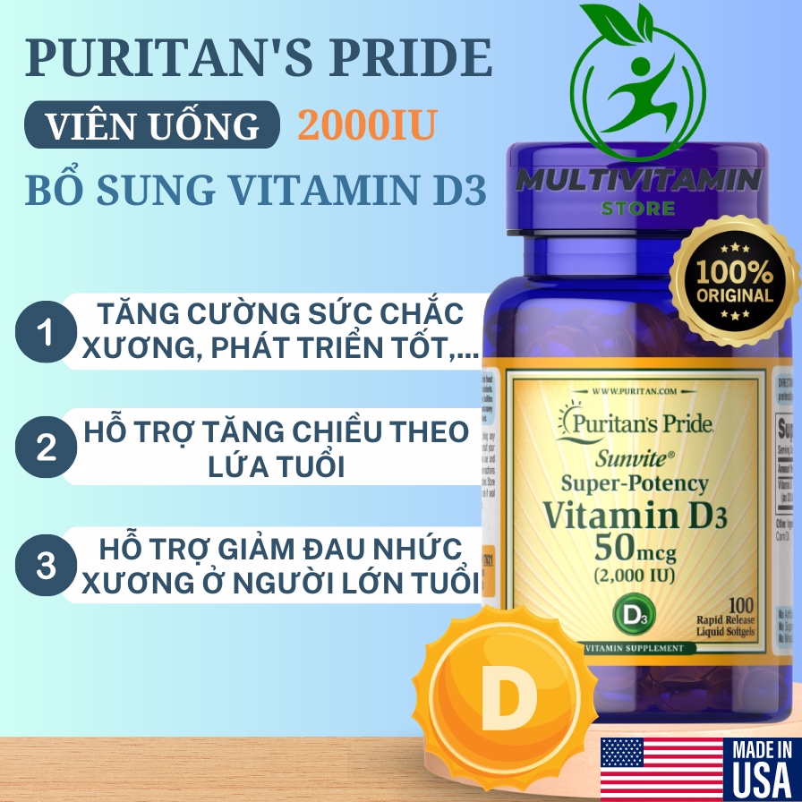 Multivitamin Store - Viên Uống Bổ Sung Vitamin D3 50mcg 2000iu Puritan s
