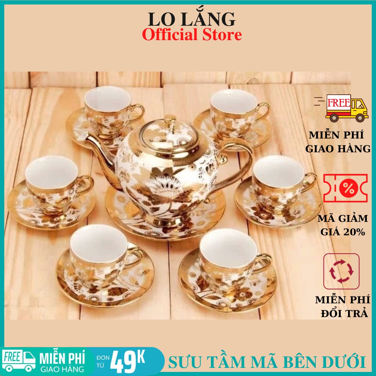 [CHỌN MẪU] Bộ ấm tách trà hoa văn nhũ vàng hoàng gia 6 ly kèm 7 dĩa - Bộ ấm pha trà đạo dùng làm quà tặng cao cấp