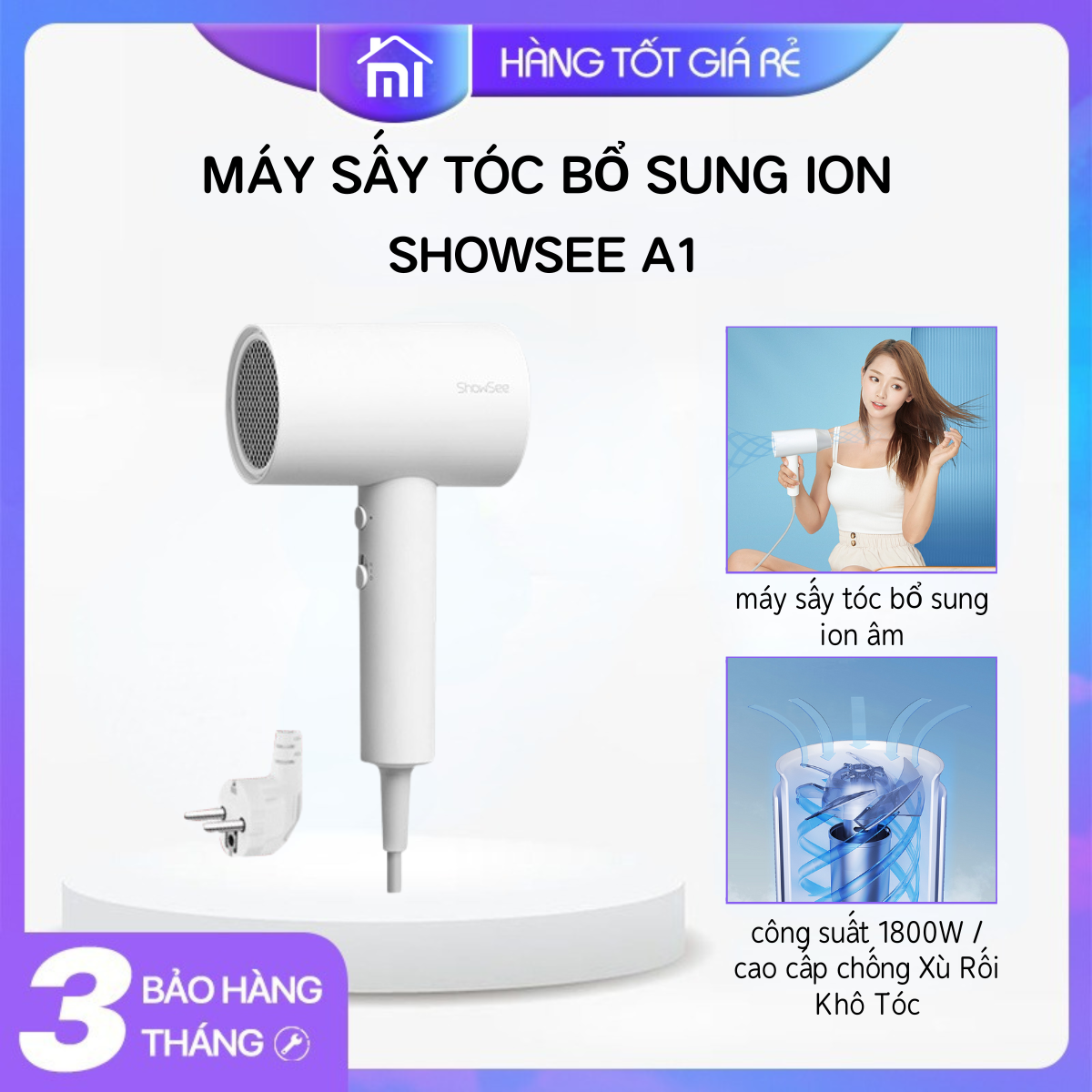 Máy sấy tóc bổ sung ion âm SHOWSEE A1 W công suất 1800W / Chống Xù Rối Khô Tóc Mijia