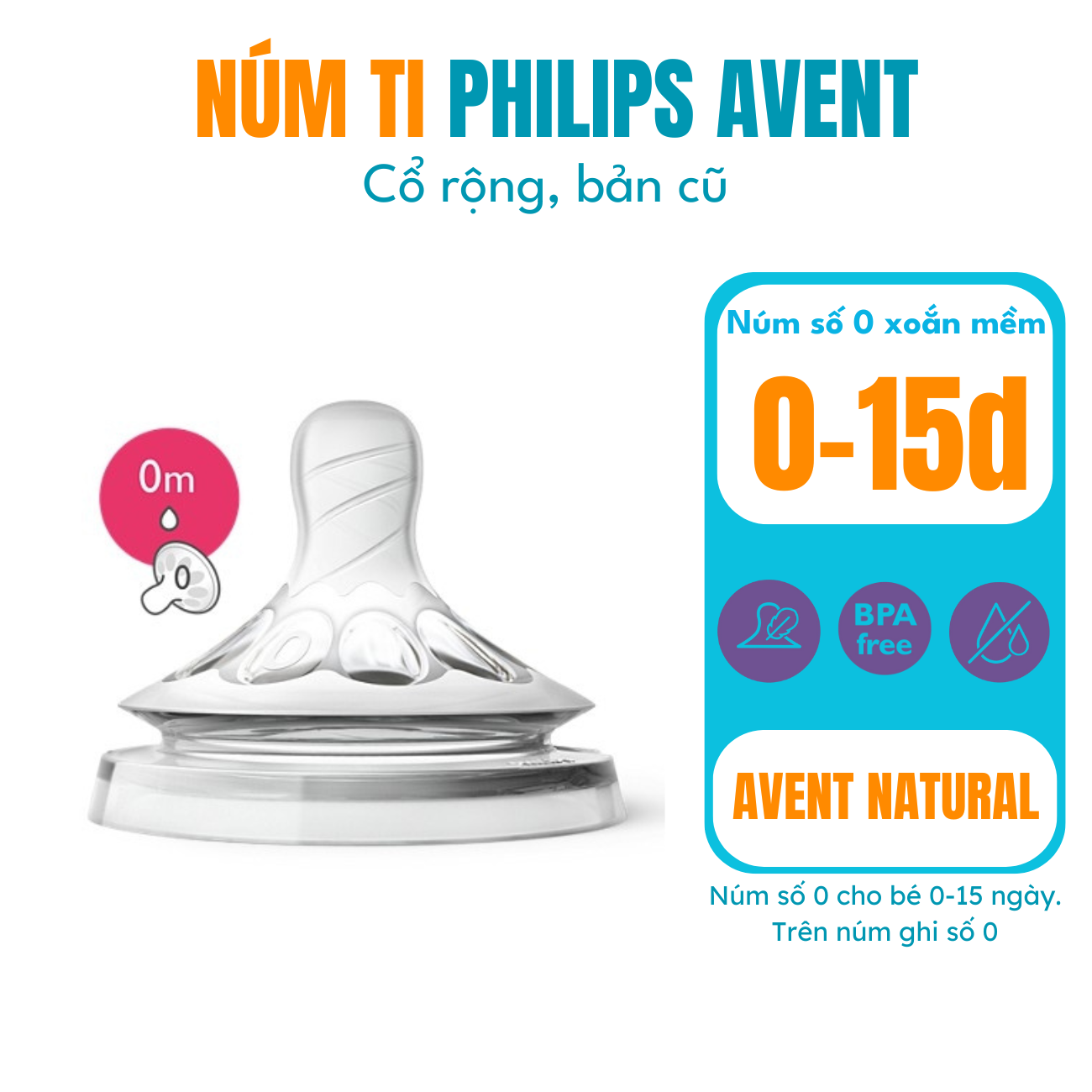 Núm ti AVENT Natural cổ rộng cho bé sơ sinh 0-15 ngày