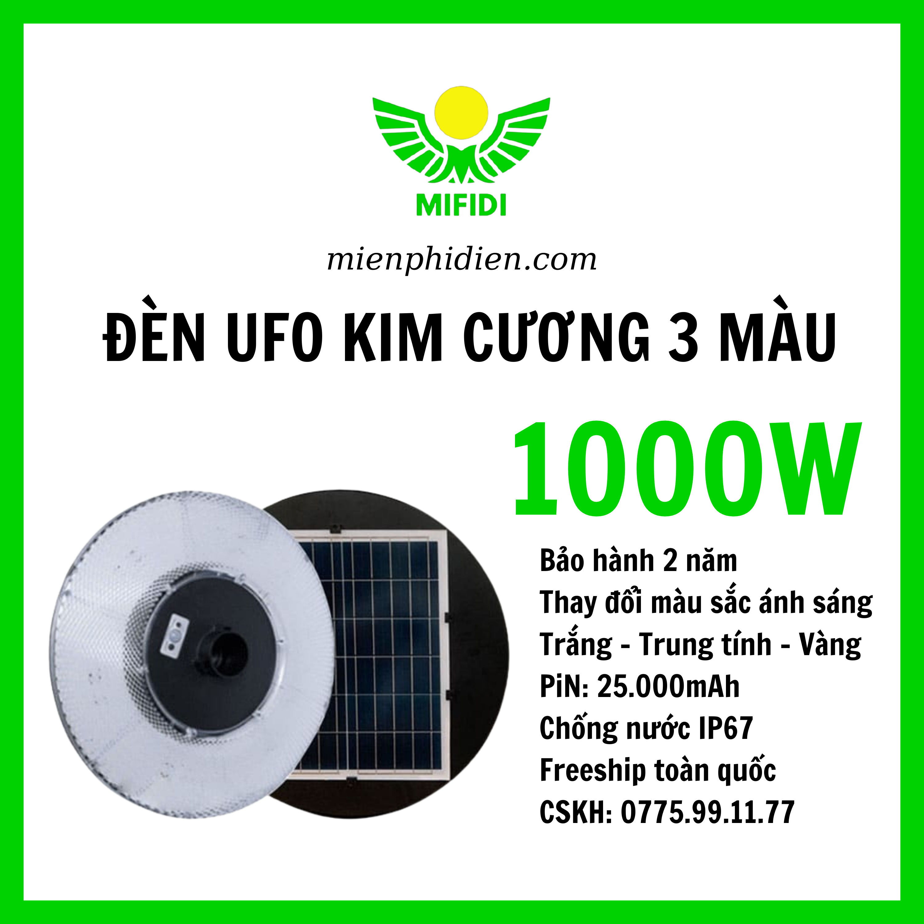 Đèn Năng Lượng Mặt Trời 1000W Sân Vườn UFO Kim Cương 3 Chế Độ Màu Sang