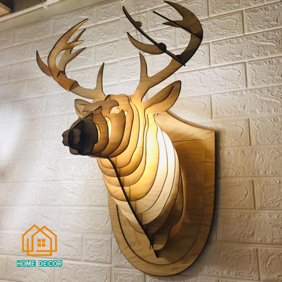[GỖ CAO CẤP] Đèn gỗ đầu hươu trang trí nhà - Đèn gỗ decor cao cấp - Tặng kèm đui + bóng đèn led