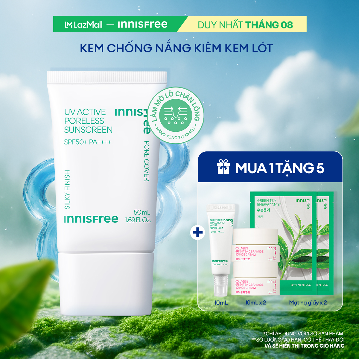 Kem chống nắng kiêm kem lót làm mịn lỗ chân lông INNISFREE UV Active Poreless Sunscreen SPF50+ PA++++ 50mL