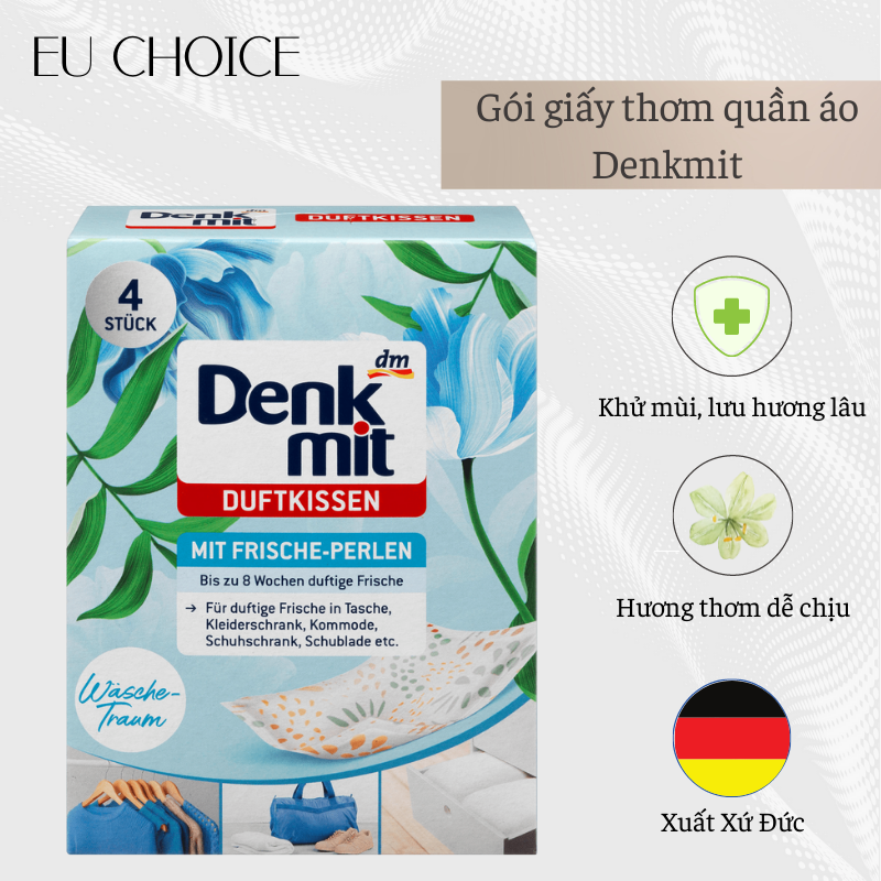 Túi thơm quần áo Denkmit mùi Việt Kiều - Mẫu mới - Hộp 4 túi thơm [Hàng Đức xách tay] úi Thơm Denkmit, Túi Thơm Treo Tủ Quần Áo, Chống Ẩm Mốc, Lưu Giữ Hương Thơm Đến 60 Ngày Cho Quần Áo, Nhập Đức