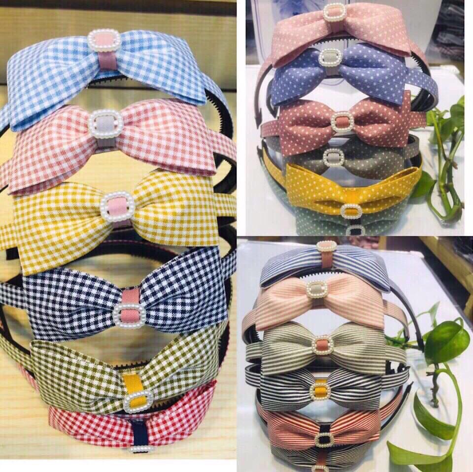 Sét 2 Bờm cài tóc vải kẻ phối nơ siêu xinh - phukienteen