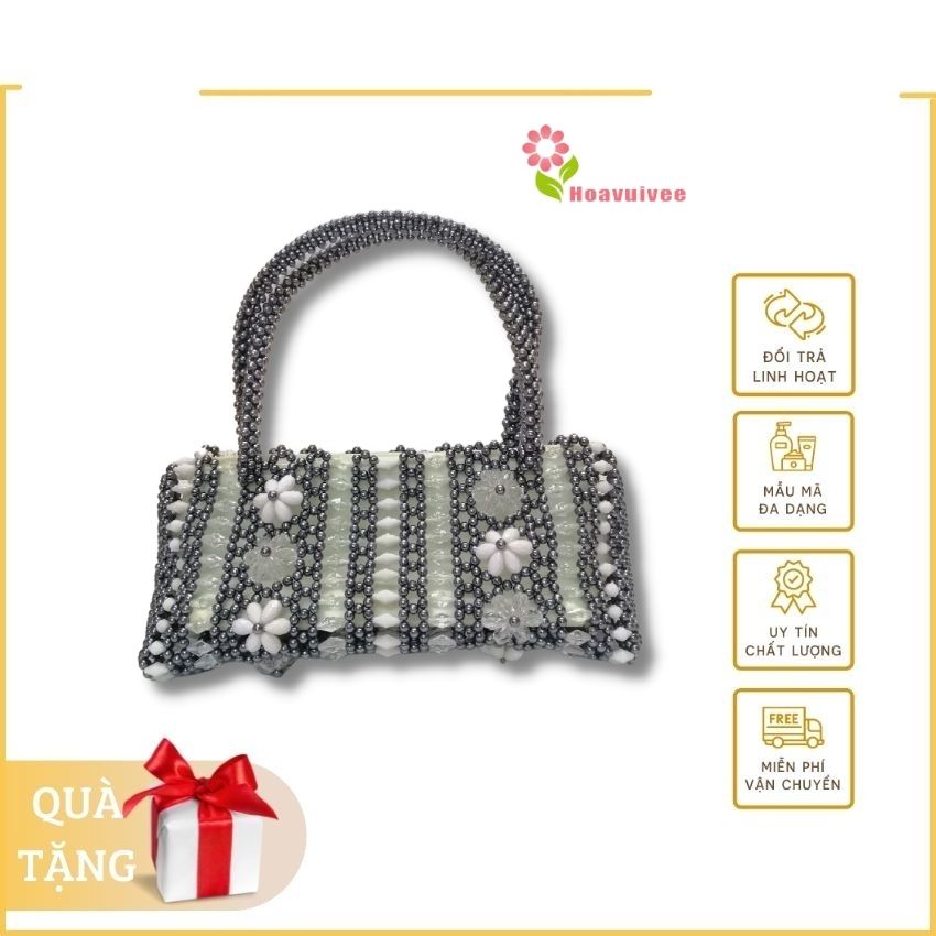 [Freeship+quà 19K] Túi xách thời trang nữ cầm tay kết thủ công bằng hạt ngọc trai nhựa đẹp bền sang trong/ túi xách tam giác hiện đại - Hoavuivee