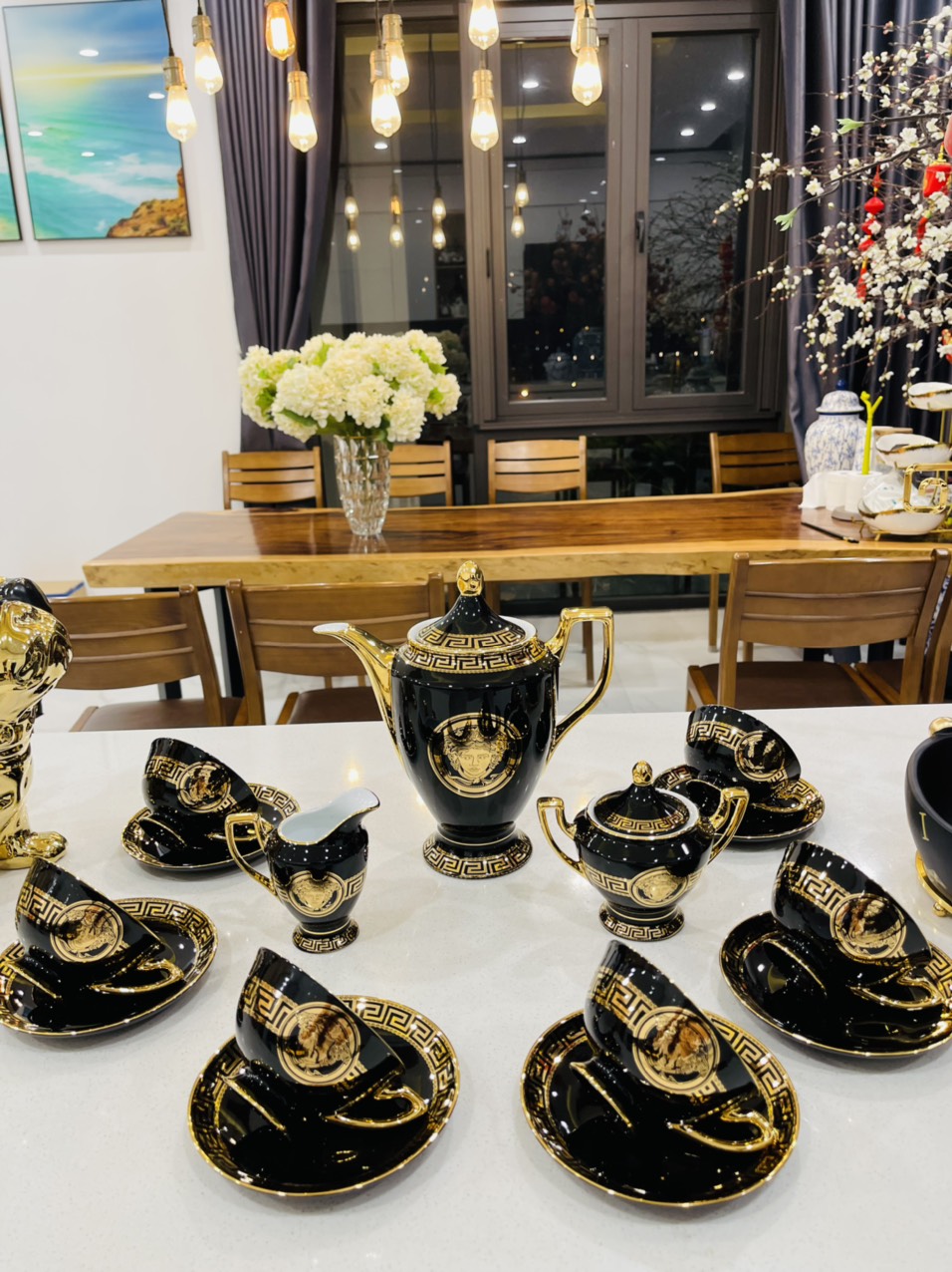 Bộ ấm tách trà sứ xương cao cấp versace classic - đen, fengshui luxury ver-001, sứ xương cao cấp