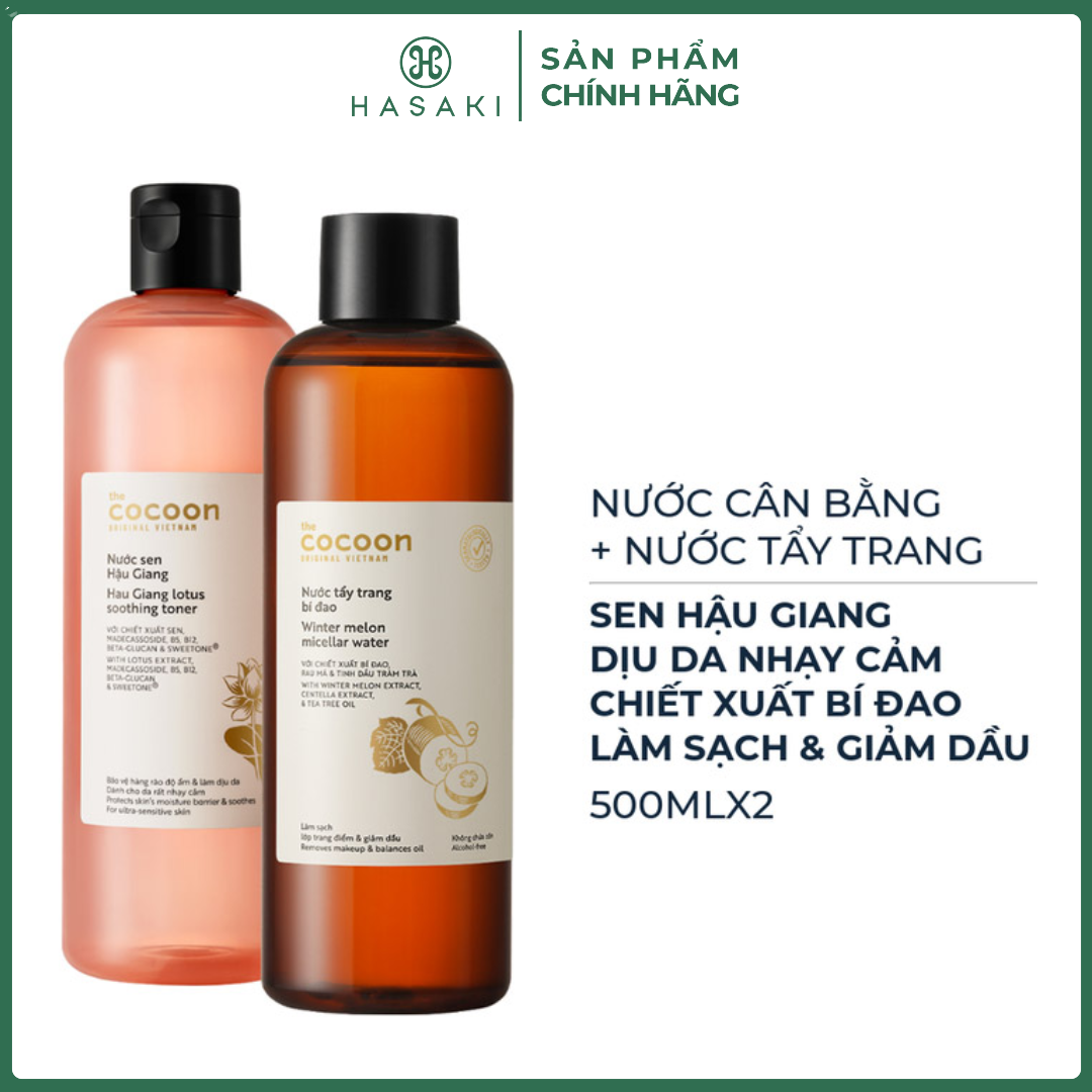 Combo Cocoon Nước Cân Bằng Sen Hậu Giang Dịu Da Nhạy Cảm 500ml + Nước Tẩy Trang Bí Đao Làm Sạch  Giảm Dầu 500ml Hasaki Sản Phẩm Chính Hãng