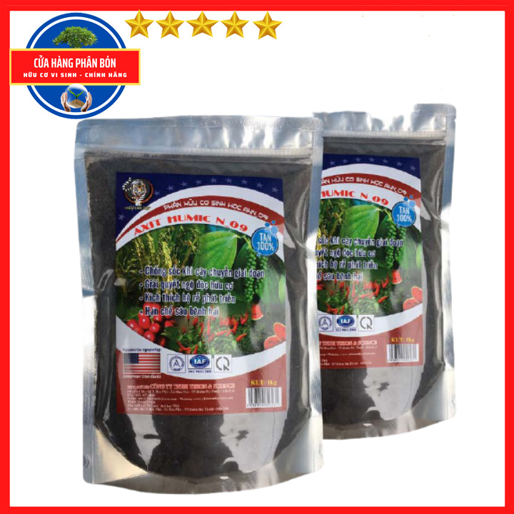 Axit humic n09: giải quyết ngộ độc hữu cơ, kích rễ phát triển, cải tạo đất, hạn chế sâu bệnh hại - bột tan hoàn toàn - gói 1kg