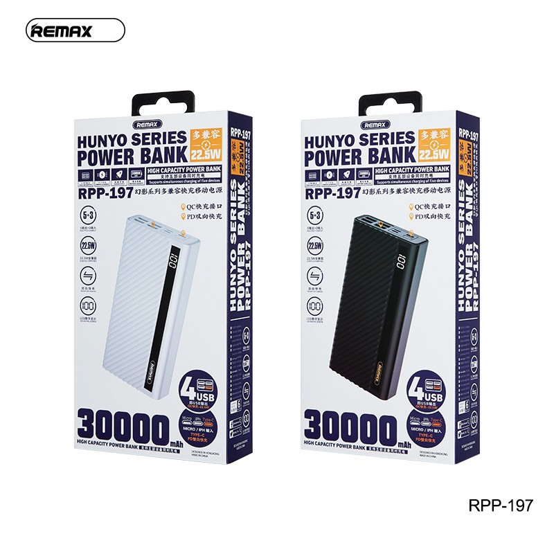 Sạc dự phòng remax rpp-197 30000mah sạc nhanh qc3.0 18w, 22.5w, pd 18w, vooc 2.0
