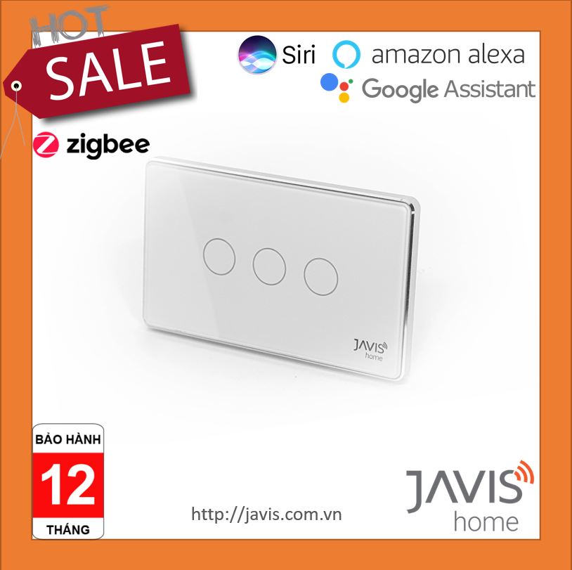 Công tắc zigbee javis 3 nút chữ nhật trắng viền bạc