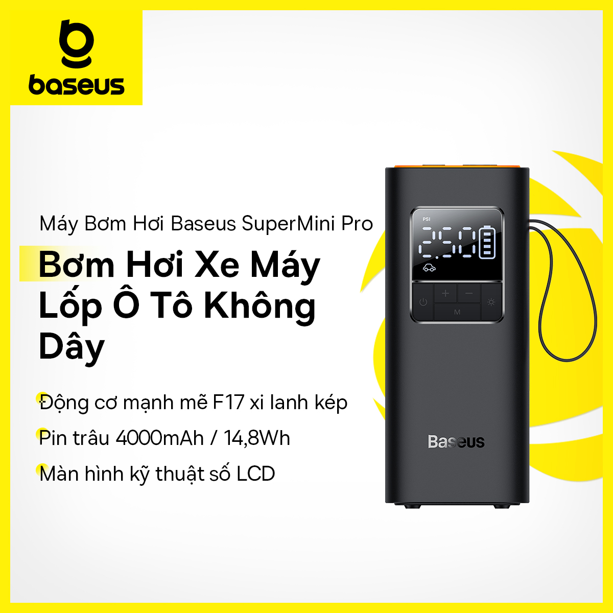 Máy Bơm Hơi Xe Máy Lốp Ô Tô Không Dây Baseus Máy nén khí di động cho ô tô Xe máy đạp Máy bơm lốp điện với màn hình kỹ thuật