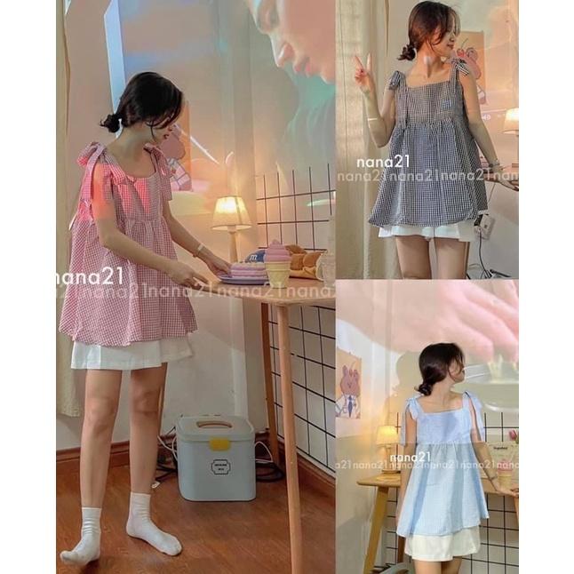 Sét đồ ulzzang Áo baby doll kẻ caro hai dây buộc nơ kèm quần shorts đùi đủ màu siêu đẹp